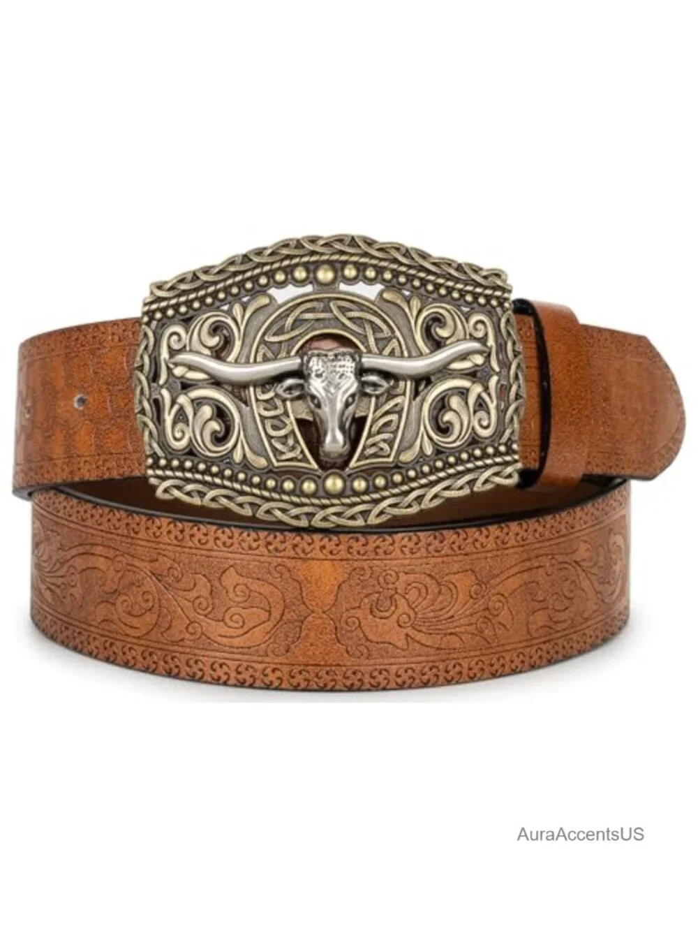 Western PU-Leather Cowboy Buckle Belt with Engraved Floral Longhorn Bull Buckle